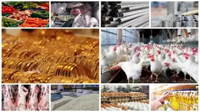 سوق مصري يعرض سلعًا متنوعة تشمل الدواجن والبيض والخضروات والمعادن، مما يعكس تقلبات الأسعار.