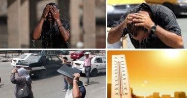 مجموعة صور تظهر تأثير الحرارة والرطوبة العالية، بما في ذلك مقياس حرارة مرتفع وأشخاص يواجهون الإجهاد الحراري.