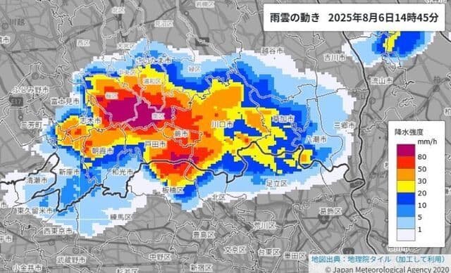 東京周辺の局地的な豪雨を示す雨雲レーダーマップ。降水強度を色で表示