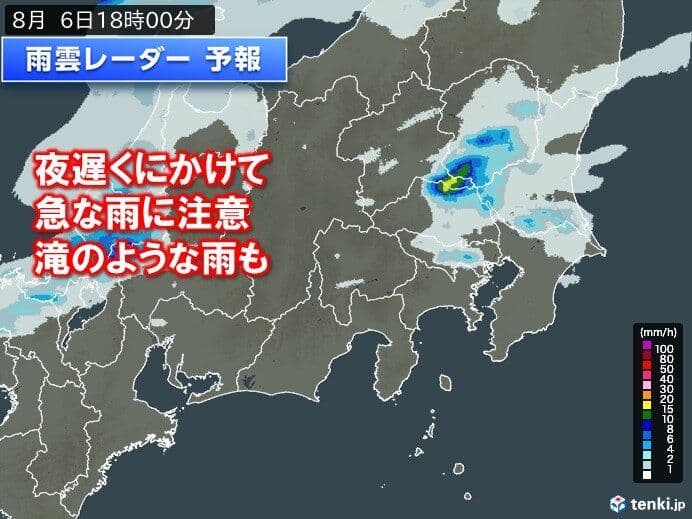 関東地方の夜間における局地的な激しい雨の予報を示す雨雲レーダー