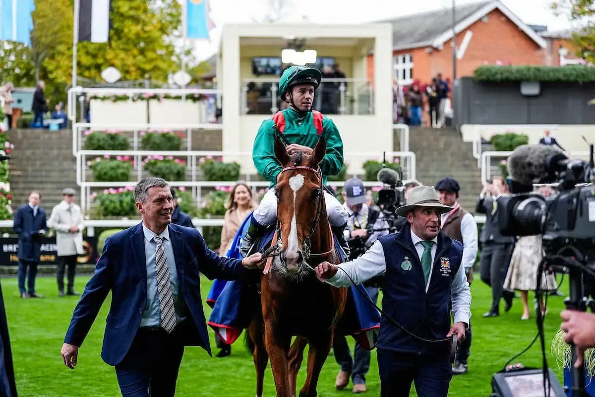 A champion racehorse with its jockey in green silks, being led by handlers on a grassy track, with spectators and cameras in the background.