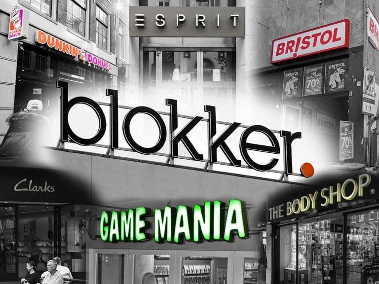 A collage of various retail store signs like Blokker, Esprit, and Bristol, representing the broader challenges faced by the retail industry.