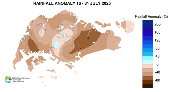 A color-coded map of Singapore displaying rainfall anomaly percentages for July 2025, representing meteorological data used in weather prediction.
