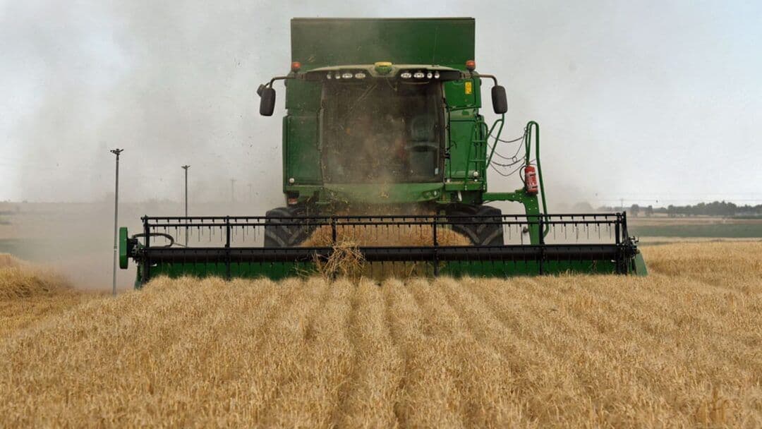 A combine harvester operating in a wheat field, representing the agricultural sector discussed in EU policy negotiations.