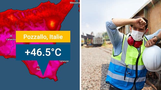 A composite image showing a heat map with very high temperatures and a person wiping sweat from their brow, symbolizing the impact of extreme heat and the need for adaptation.