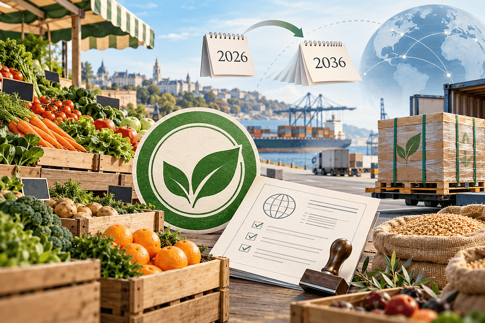 A conceptual illustration showing organic produce, a shipping container, and an extended calendar timeline representing the EU organic trade equivalence deal.