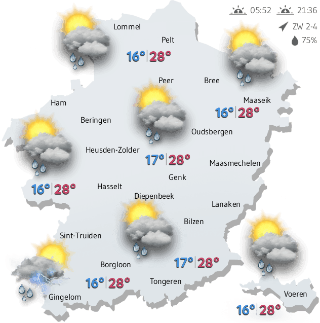 A detailed weather map showing temperatures, cloud cover, sun, rain, and lightning icons over a geographical region, representing a weather forecast.