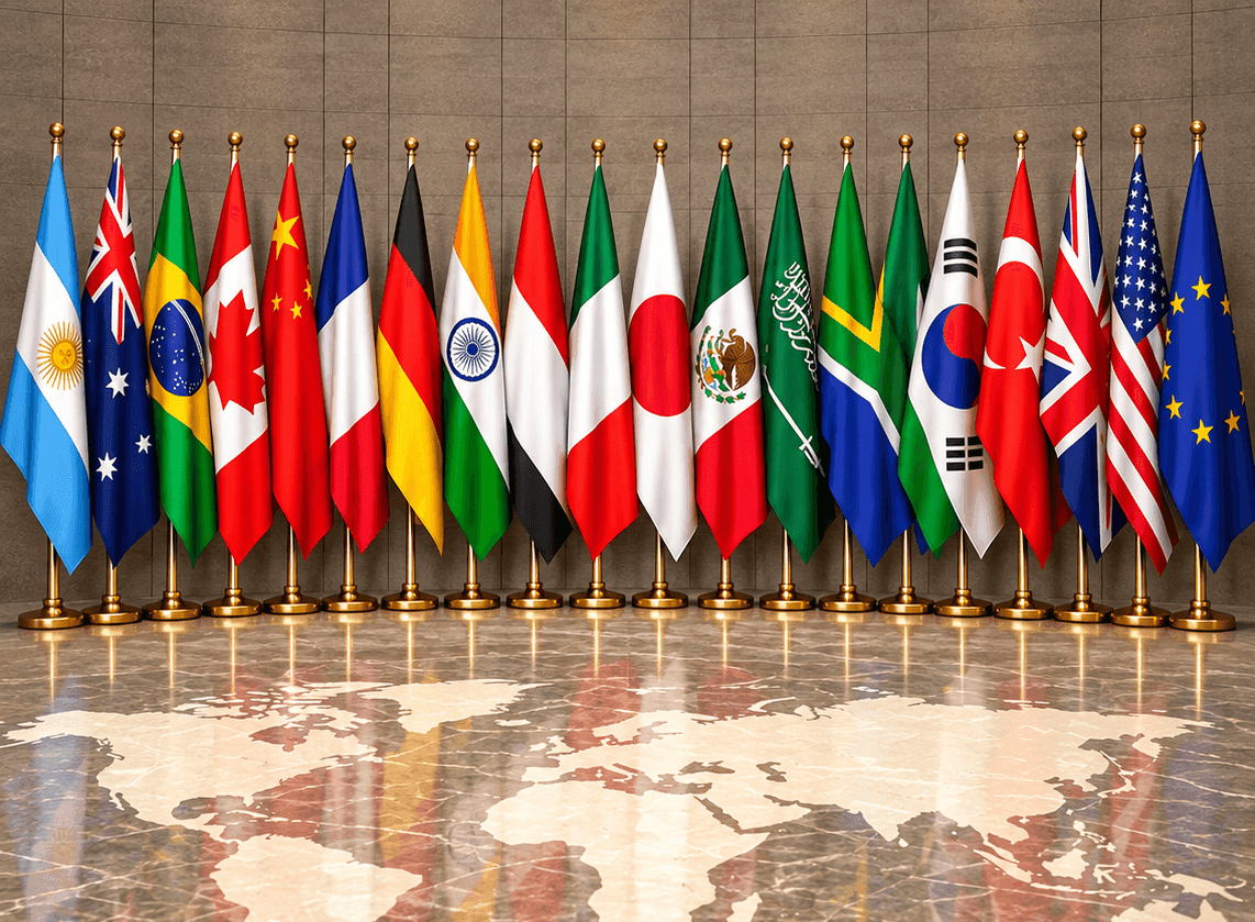 A display of various national flags positioned before a map of the world, representing international cooperation.