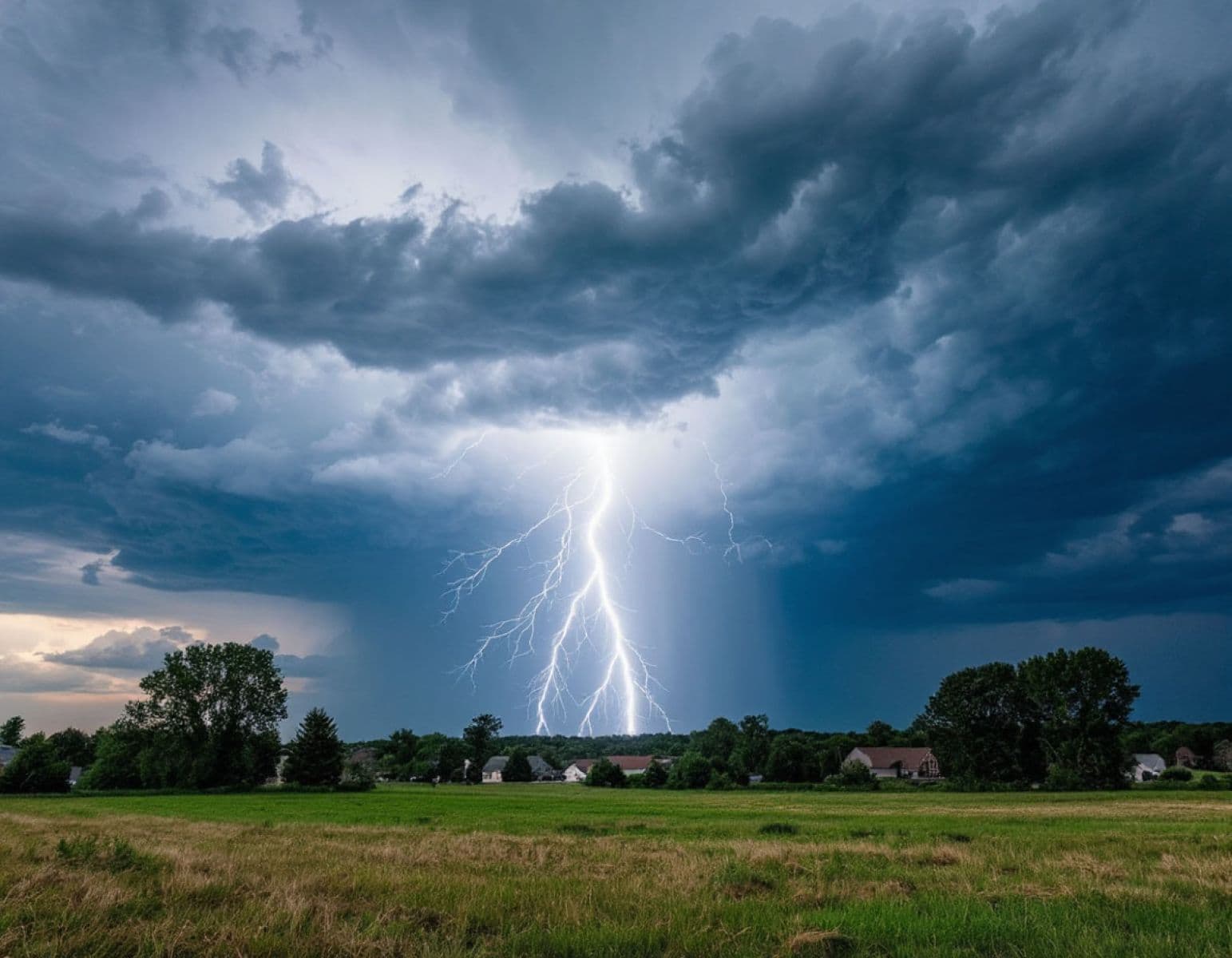 A dramatic lightning strike illuminates dark storm clouds over a field, symbolizing Voronezh's volatile summer weather.