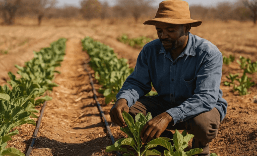A farmer examining young crops in an arid field in Southern Africa, representing the target demographic for the agroecological horticulture initiative.