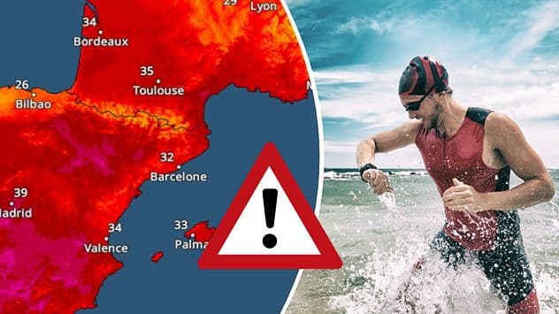 A heatwave map of Southern Europe alongside an image of a person adapting to hot weather by running in water, illustrating living with dynamic skies.