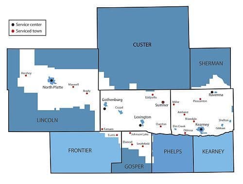 A map showing the service area of Dawson Public Power District in Nebraska, highlighting counties and towns like Riverdale, Amherst, and Ravenna, which are prone to weather-related power outages.
