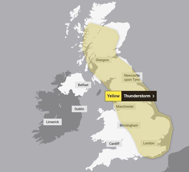 A Met Office map of the UK showing a yellow weather warning for thunderstorms, illustrating the warning system.