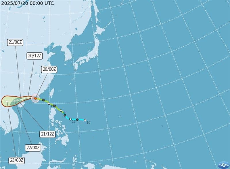 A meteorological map displaying the projected path and intensity of a tropical storm over East Asia, indicating its movement towards Taiwan and the Philippines.
