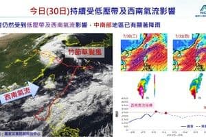 A meteorological map showing the influence of a southwest monsoon and heavy rainfall patterns over Taiwan.
