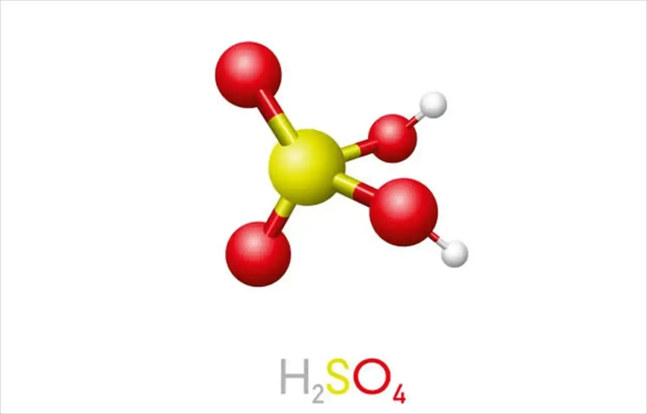A molecular structure diagram of sulfuric acid (H2SO4), a chemical essential for phosphate fertilizer manufacturing.