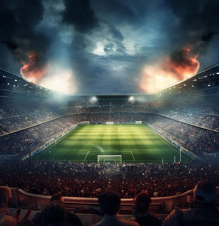 A packed football stadium under dramatic, fiery skies, symbolizing the intense Super Cup showdown between PSG and Tottenham.
