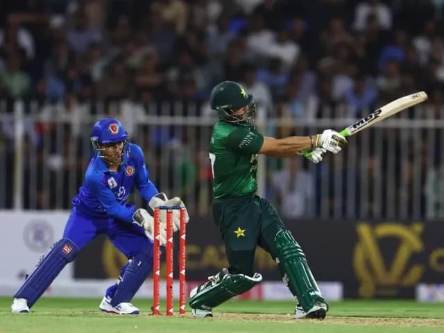A Pakistani batsman plays a shot against Afghanistan, illustrating the competitive T20 environment where Ibrahim Zadran provides stability.