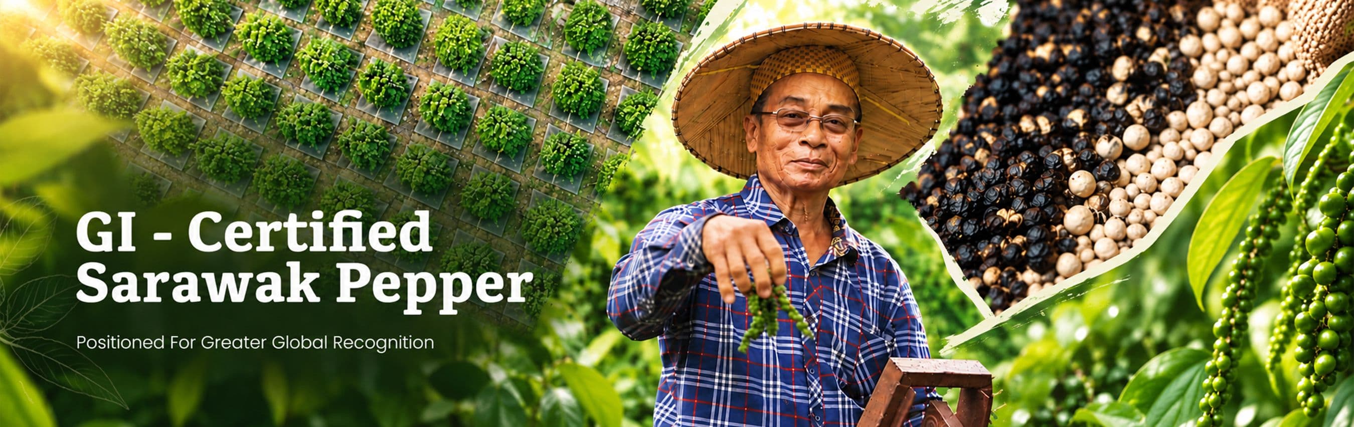 A pepper grower at his farm in Sarawak, showcasing the product amidst rows of pepper plants.