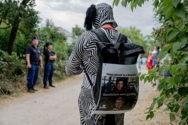 A protester in a zebra-patterned full-body suit and backpack, symbolizing the exotic animals discovered at Hatvanpuszta.