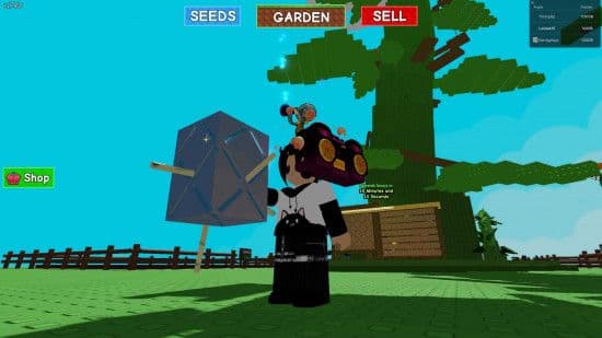 A Roblox character stands in their vibrant garden next to the towering Beanstalk in Grow a Garden, ready to cultivate fruit.