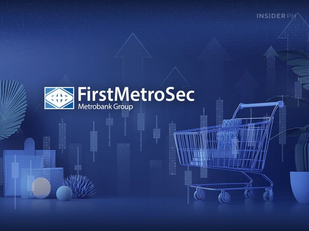 A shopping cart and consumer goods with FirstMetroSec logo and upward market trends, representing understanding market needs and consumer demand.