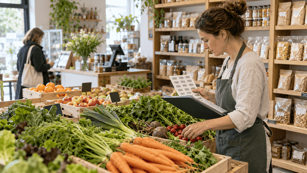 A small business operator organizing organic produce in a market, representing administrative tasks and supply chain management.