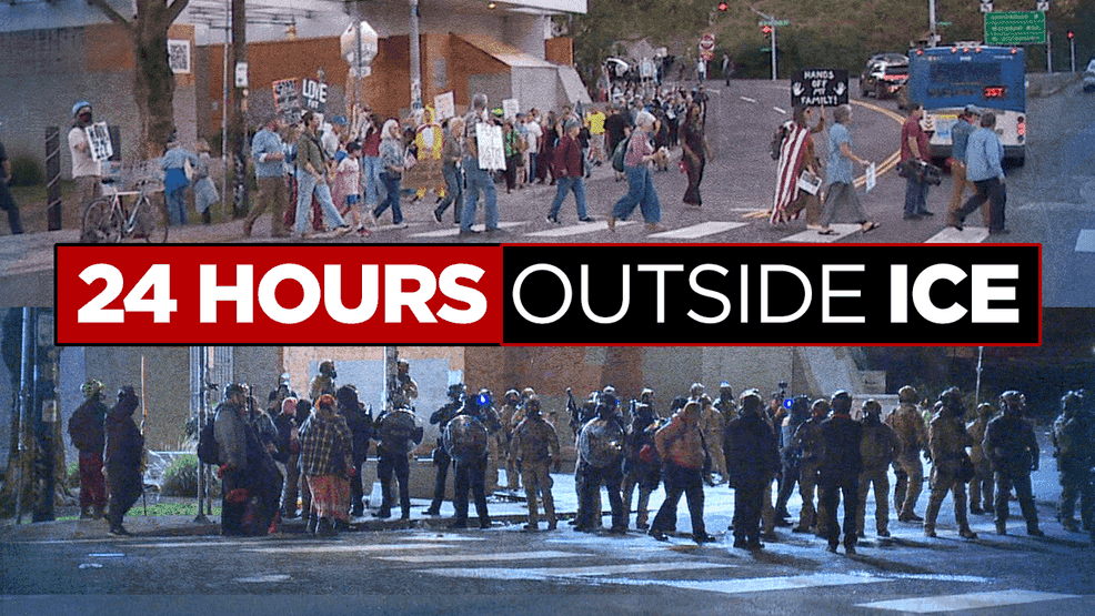 A split image showing a 24-hour livestream outside the Portland ICE Facility, with protesters and federal presence highlighting the ongoing conflict and societal divides.