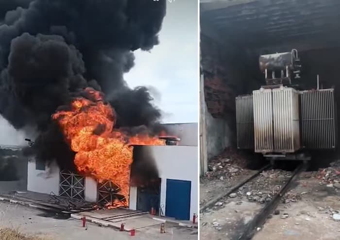 A split image showing a building on fire and a damaged electrical transformer, symbolizing infrastructure challenges in water supply.