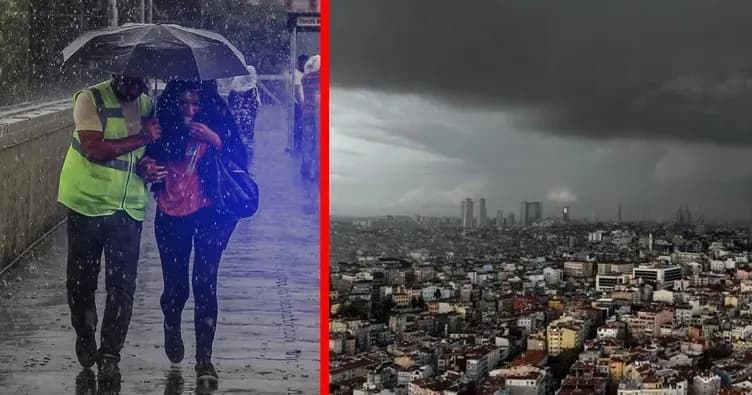A split image showing people walking in heavy rain under an umbrella on the left, and a dark, stormy sky over a city skyline on the right, symbolizing Turkey's radical weather shift.
