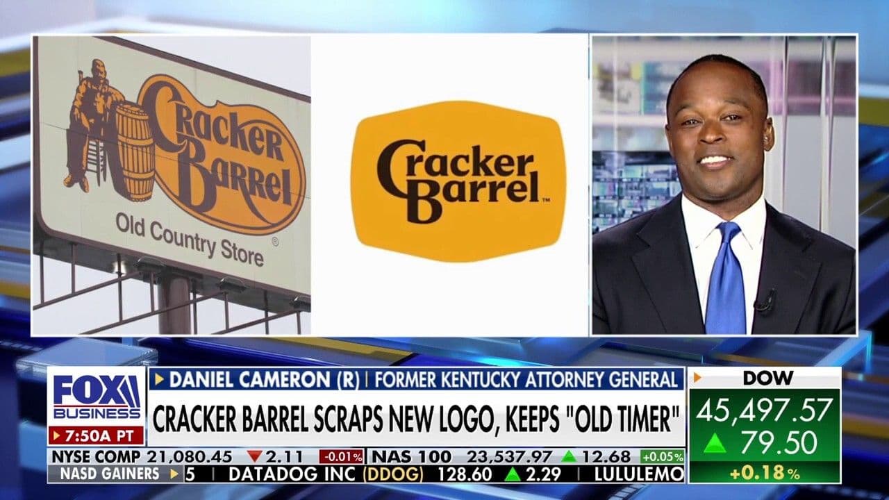 A split screen showing Cracker Barrel's old and new logos alongside a news commentator discussing the public backlash and logo reversal.