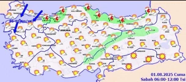 A Turkish meteorological map indicating strong wind warnings (50-70 km/h) with blue arrows over coastal Marmara and Northern Aegean regions, alongside scattered rain.