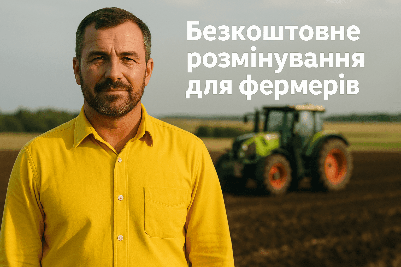 A Ukrainian farmer standing in a field with a tractor, representing the impact of conflict on agricultural land.