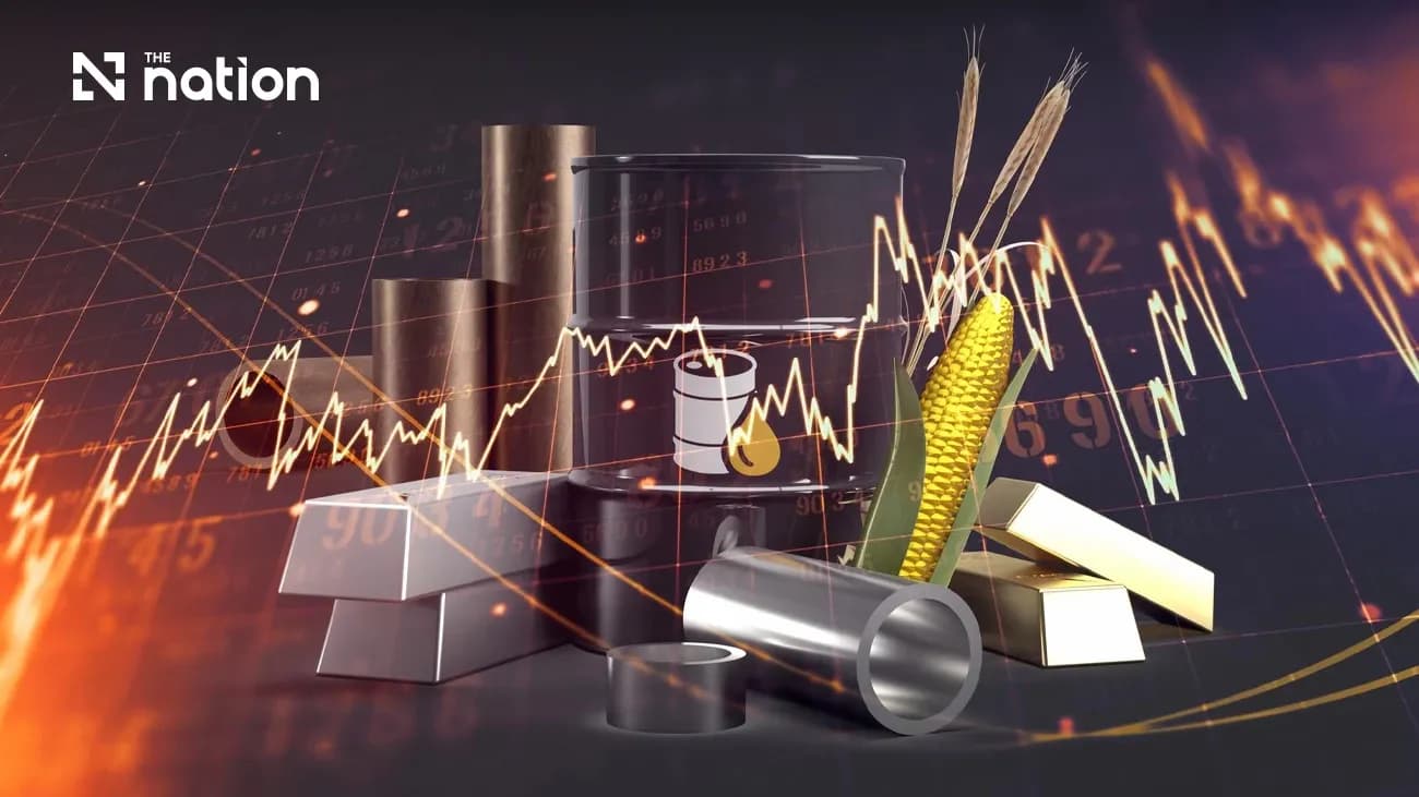 A visualization showing various commodities including energy, metals, and agricultural products alongside a financial market chart.