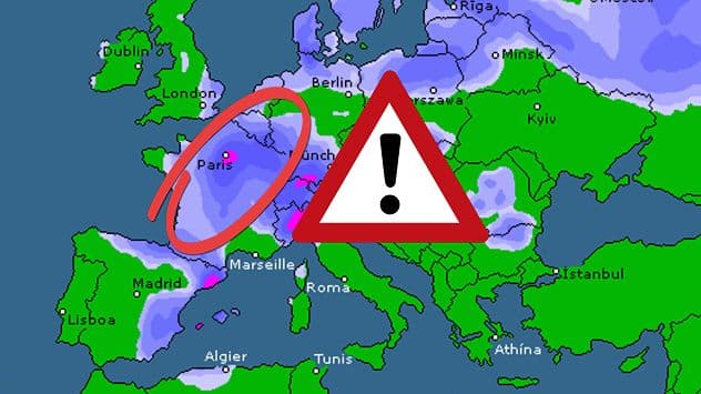 A weather map of Europe displaying various weather patterns and a large red warning triangle with an exclamation mark, with a red circle highlighting the Paris region, representing the complex atmospheric dynamics causing volatility.