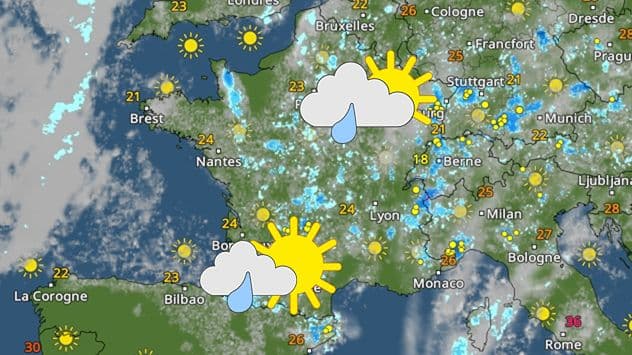 A weather map of Europe showing varied conditions with sun, clouds, and rain over different regions, representing the atmosphere's dynamic nature.