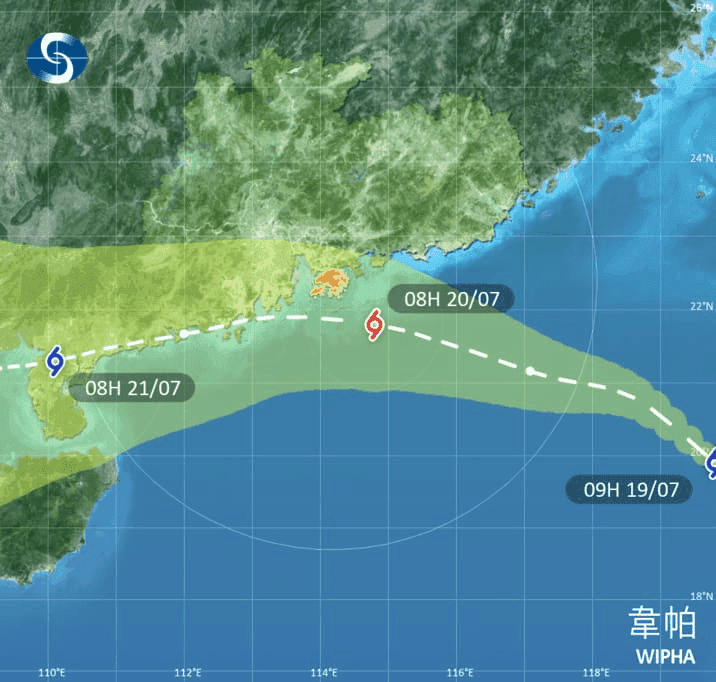 A weather map showing the projected track of Tropical Storm Wipha, illustrating advanced predictive modeling for future climate shifts.