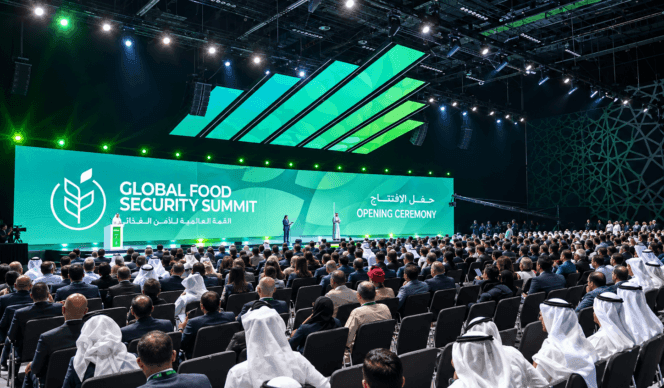 A wide shot of the opening ceremony of the Global Food Security Summit 2026, where the Tanzania-UAE Green Silk Road Initiative was unveiled.