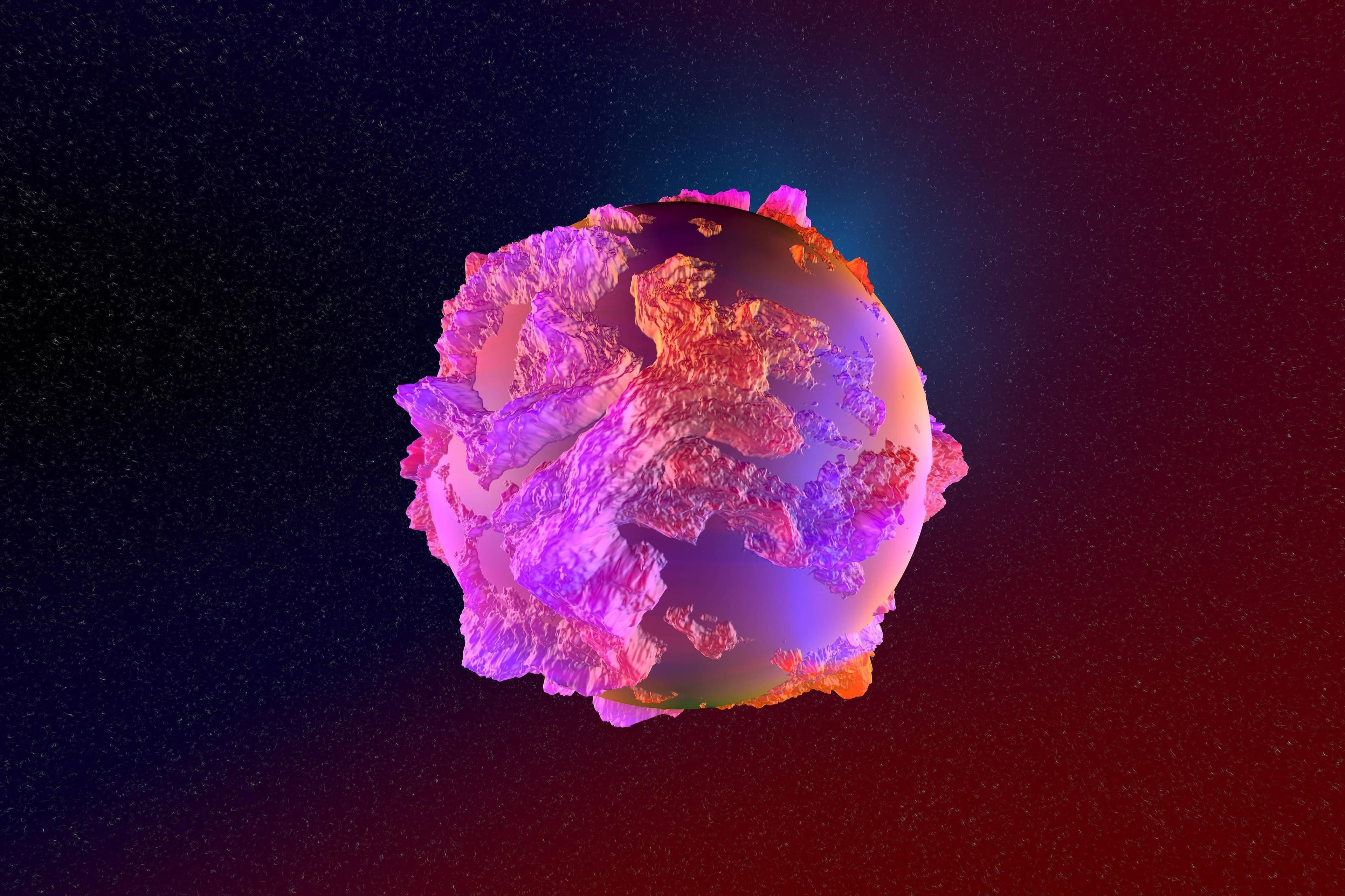 Abstract, colorful sphere symbolizing a virus or genetic recombination, representing the 'Frankenstein' COVID-19 variant.