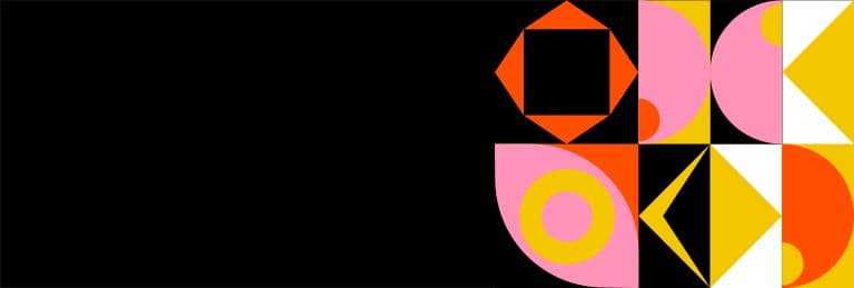 Abstract geometric shapes in orange, pink, and yellow on a black background, representing the digital frontier and the influence of artificial intelligence.