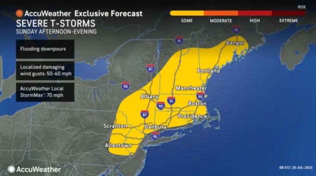AccuWeather forecast map showing severe thunderstorms expected Sunday afternoon and evening across New Jersey and the Northeast, with risks of flooding and damaging winds.