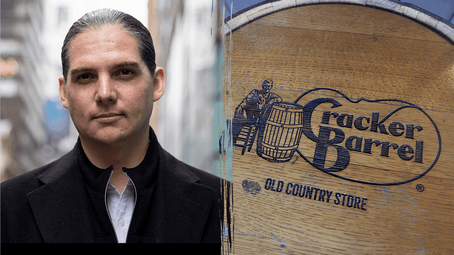 Activist Robby Starbuck next to the Cracker Barrel 'Old Timer' logo, symbolizing the brand's involvement in cultural and ideological debates.