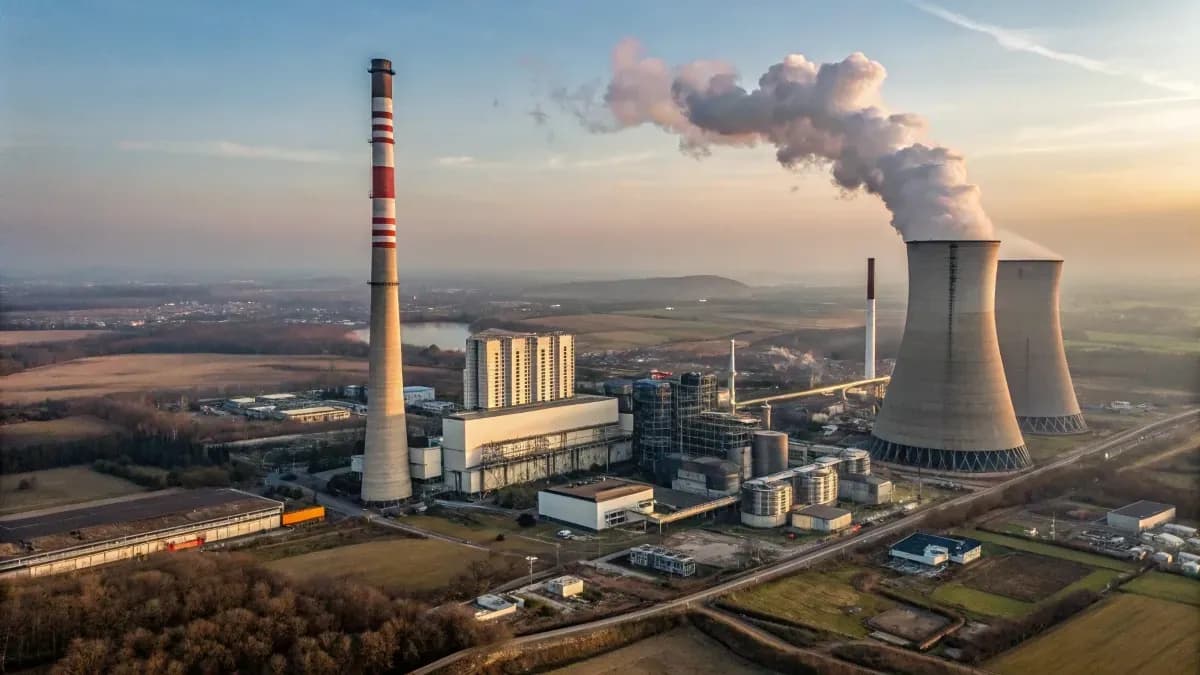 Aerial view of a large power plant with cooling towers and a tall chimney, symbolizing energy generation and Poland's evolving power infrastructure.