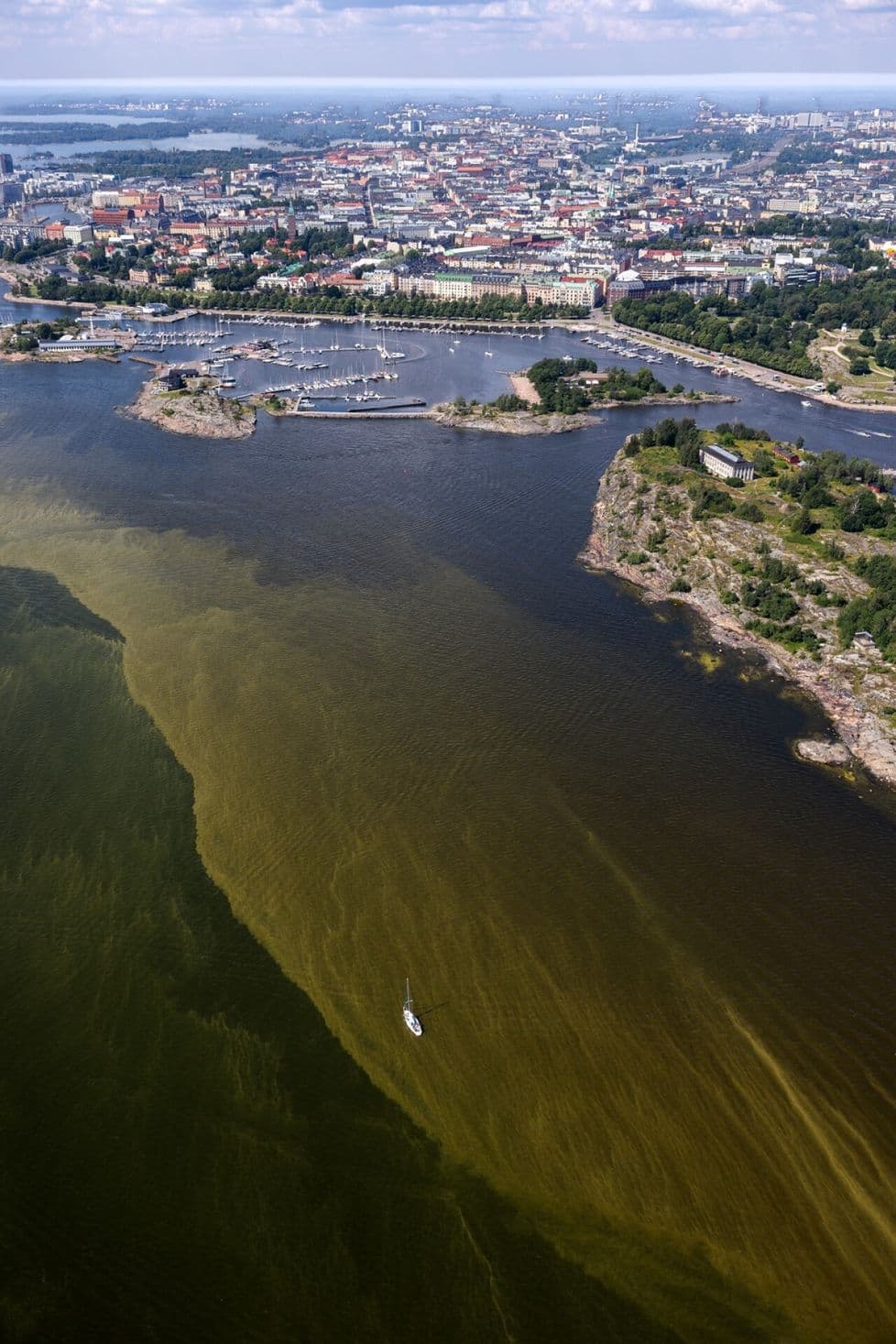 Aerial view of a large, vibrant green blue-green algae bloom spreading across the waters of Merisatama, Helsinki, with the city skyline in the background.