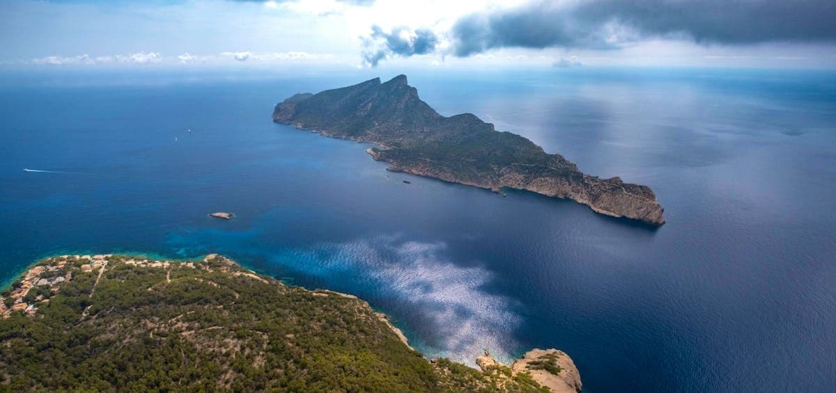 Aerial view of Sa Dragonera island off Mallorca, a nature reserve heavily impacted by invasive snakes.