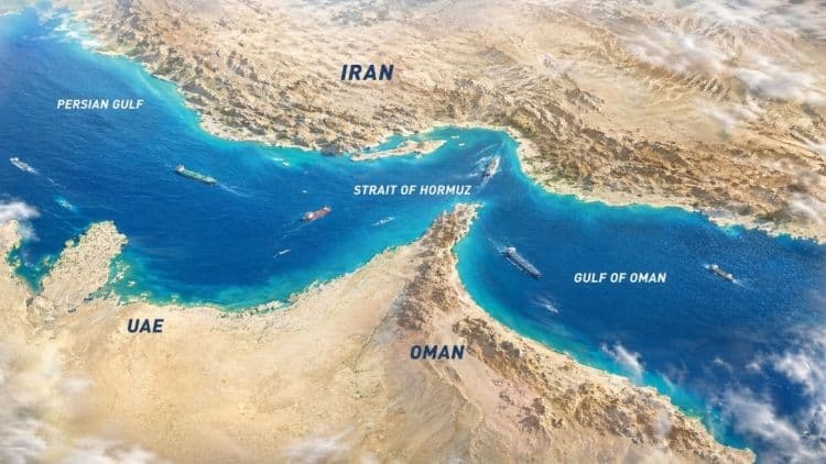 Aerial view of the Strait of Hormuz, a critical maritime chokepoint for global fertilizer trade.