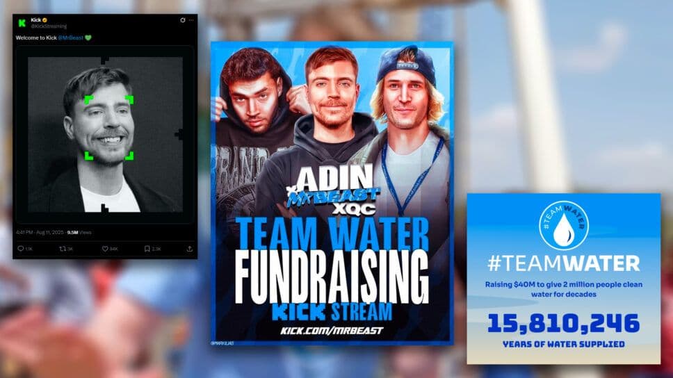 Affiche de la campagne de collecte de fonds #TeamWater de MrBeast sur Kick, avec MrBeast, Adin Ross et xQc, et un aperçu des dons.