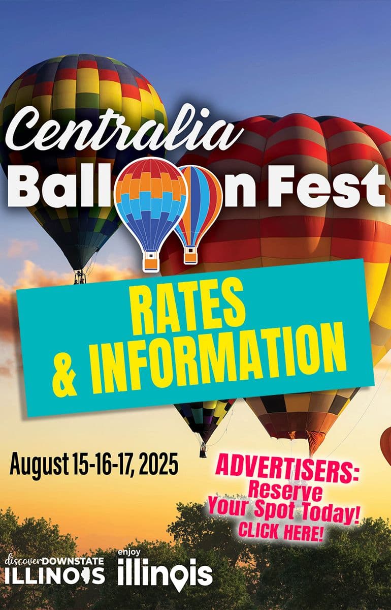 Affiche du 'Centralia Balloon Fest' avec des montgolfières colorées, représentant une brève parenthèse rafraîchissante après la canicule.