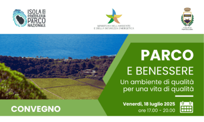 Affiche du colloque 'Parc et Bien-être' à Pantelleria, soulignant l'équilibre entre la préservation de l'environnement et le progrès.