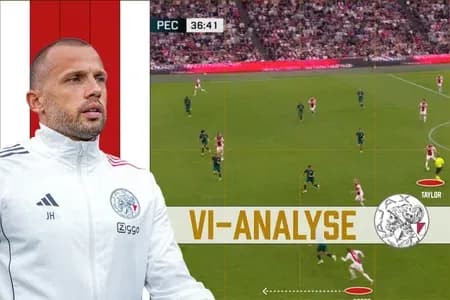 Ajax manager John Heitinga next to a screen showing tactical analysis of a football match.